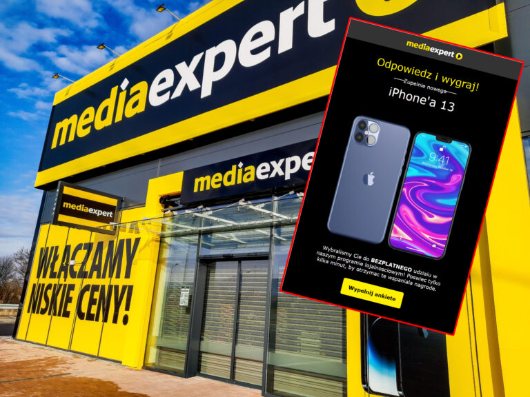 Fasada sklepu Media Expert z dużym żółto-czarnym logo i hasłem "Włączamy niskie ceny!" oraz reklama promocyjna na ekranie smartfona z tekstem "Odpowiedz i wygraj! Zupełnie nowego iPhone'a 13" po prawej stronie obrazu.