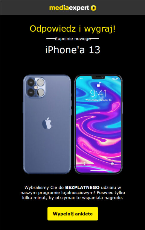 Oszustwo na Media Expert - Reklama konkursu z możliwością wygrania iPhone'a 13, zwyświetlonym graficznie modelem telefonu, oraz przyciskiem zachęcającym do wypełnienia ankiety.