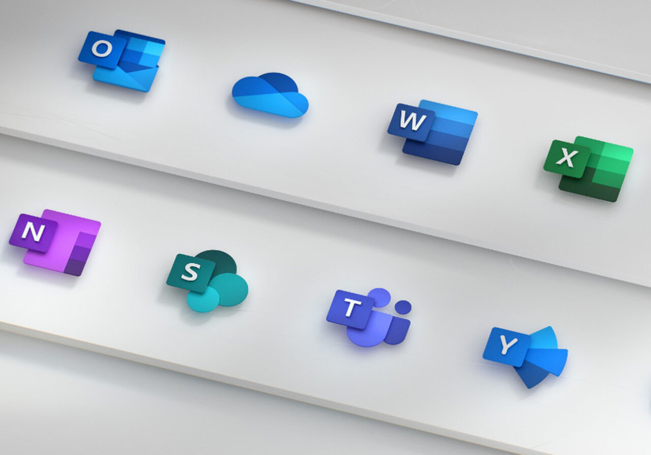 Ícones de aplicativos do Microsoft 365 dispostos em três prateleiras, com letras representando diferentes programas em fundos coloridos.