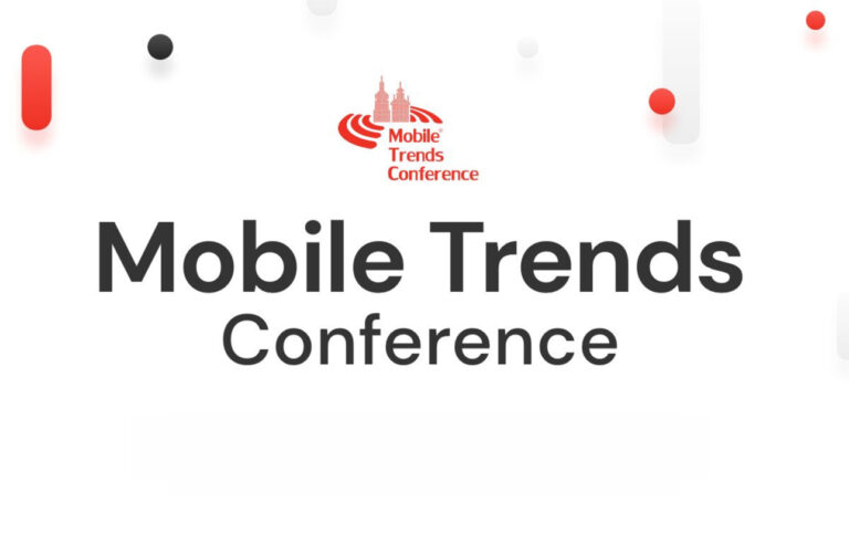 Logo konferencji Mobile Trends Conference z czerwono-szarymi motywami i napisem na białym tle.