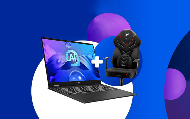 Laptop gamingowy MSI z ekranem wyświetlającym grafikę AI oraz czarne profesjonalne krzesło dla gracza na tle w odcieniach niebieskiego i fioletu.