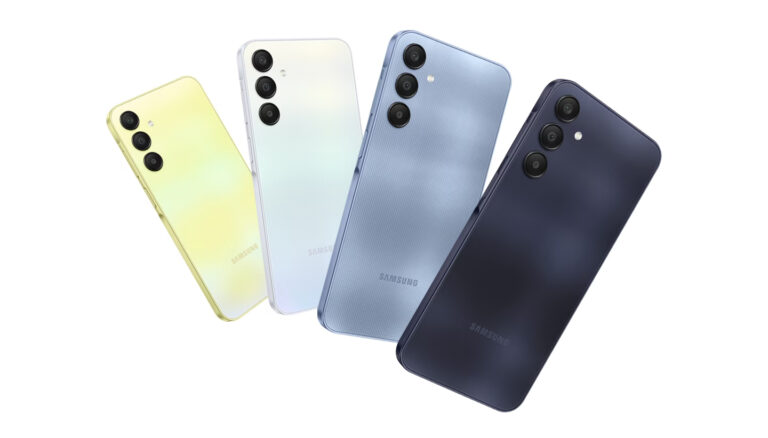Pięć smartfonów Samsung Galaxy A 25 w różnych kolorach, ułożonych w rzędzie z widocznymi tylnymi aparatami.