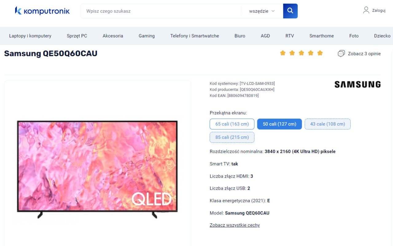 Telewizor Samsung QLED oznaczony modelem QE50Q60CAU wyświetlający żywe kolory, umieszczony na stronie sklepu Komputronik z zaznaczonymi opcjami rozmiaru ekranu i danymi technicznymi obok.