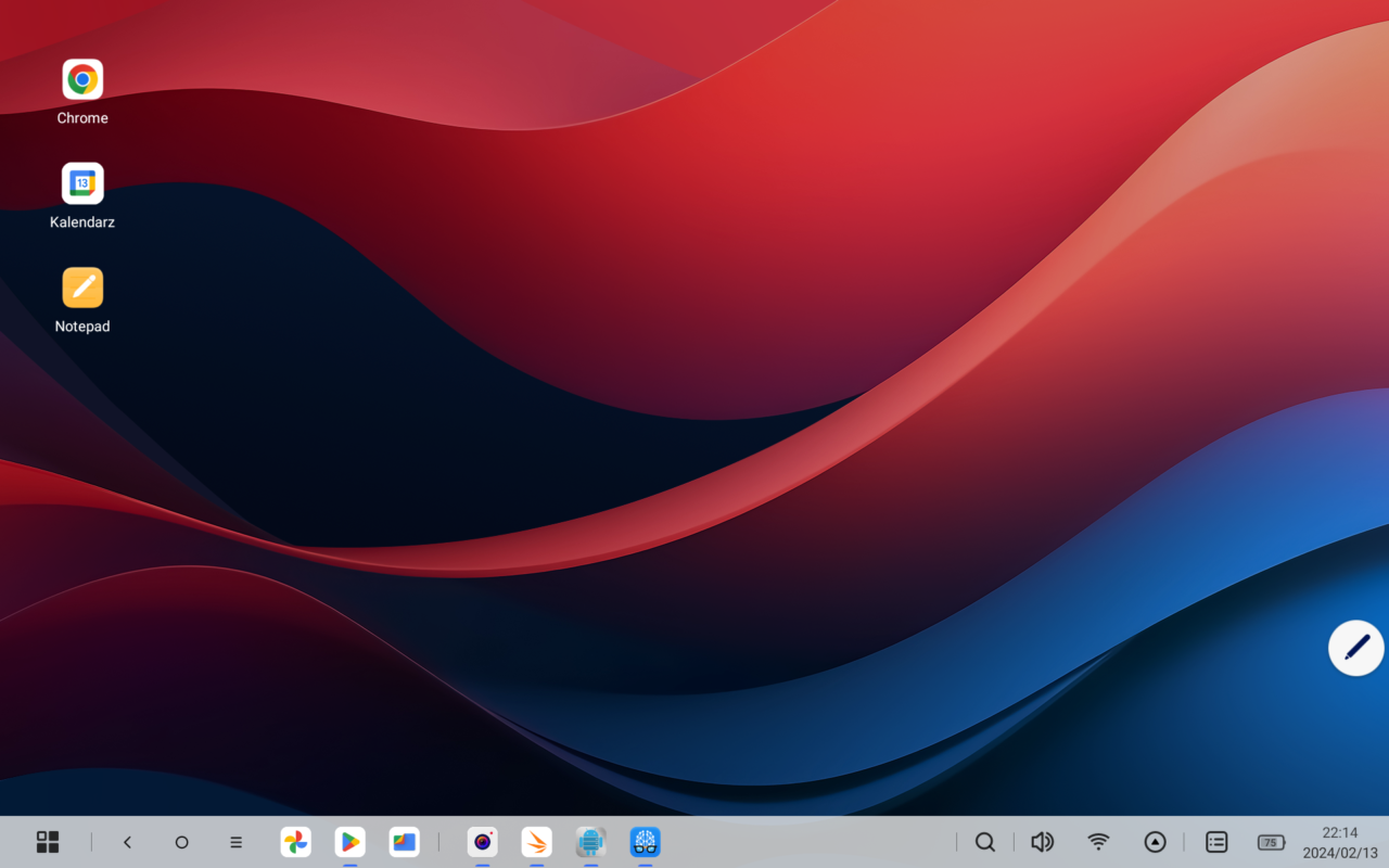 Interfejs użytkownika systemu operacyjnego z tapetą przedstawiającą płynne, kolorowe fale, ikony aplikacji Chrome, Kalendarz i Notepad na pulpicie oraz pasek zadań z różnymi ikonami na dole ekranu.
