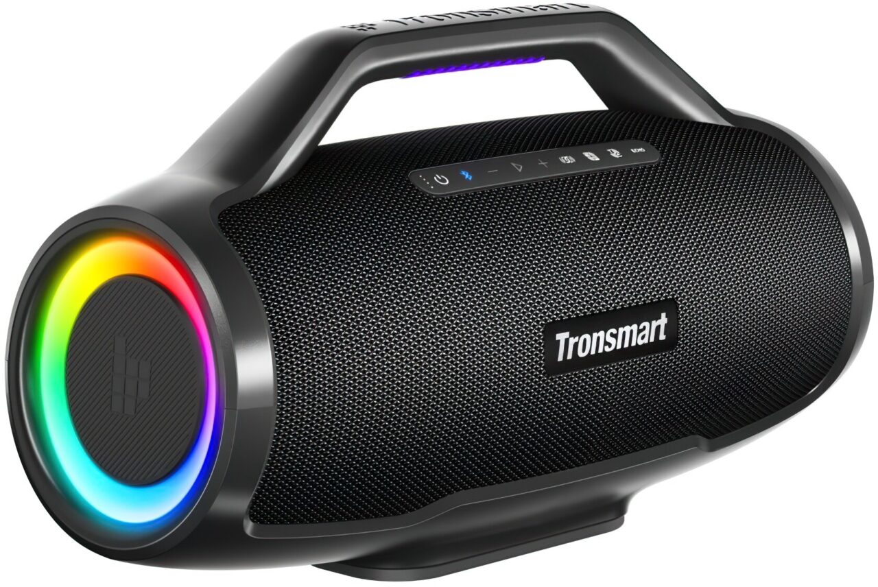 Przenośny głośnik Bluetooth marki Tronsmart z kolorowym oświetleniem LED i uchwytami. Model Tronsmart Bang Max