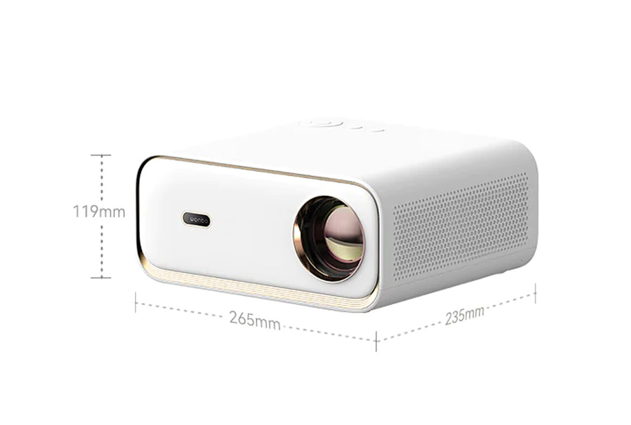 Biały projektor Xiaomi Wanbo X5 z obiektywem z prawej strony i wymiarami: 119 mm wysokości, 265 mm szerokości, 235 mm głębokości.