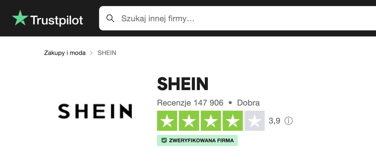 Shein opinie. Strona Trustpilot z profilową stroną sklepu SHEIN, wyświetlającą 147 906 recenzji i ocenę 3,9 na 5 gwiazdek oraz znacznikiem "ZWERYFIKOWANA FIRMA".