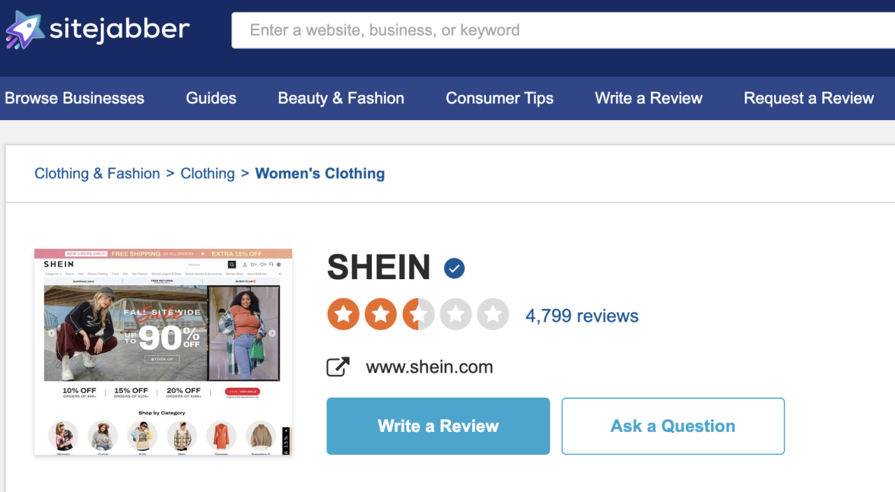 Shein opinie. Strona internetowa Sitejabber z profilową recenzją sklepu SHEIN w kategorii Odzież damska, pokazująca ocenę w postaci gwiazdek i liczbę recenzji (4,799 recenzji) wraz z linkiem do strony shein.com oraz przyciskami "Napisz recenzję" i "Zadaj pytanie".