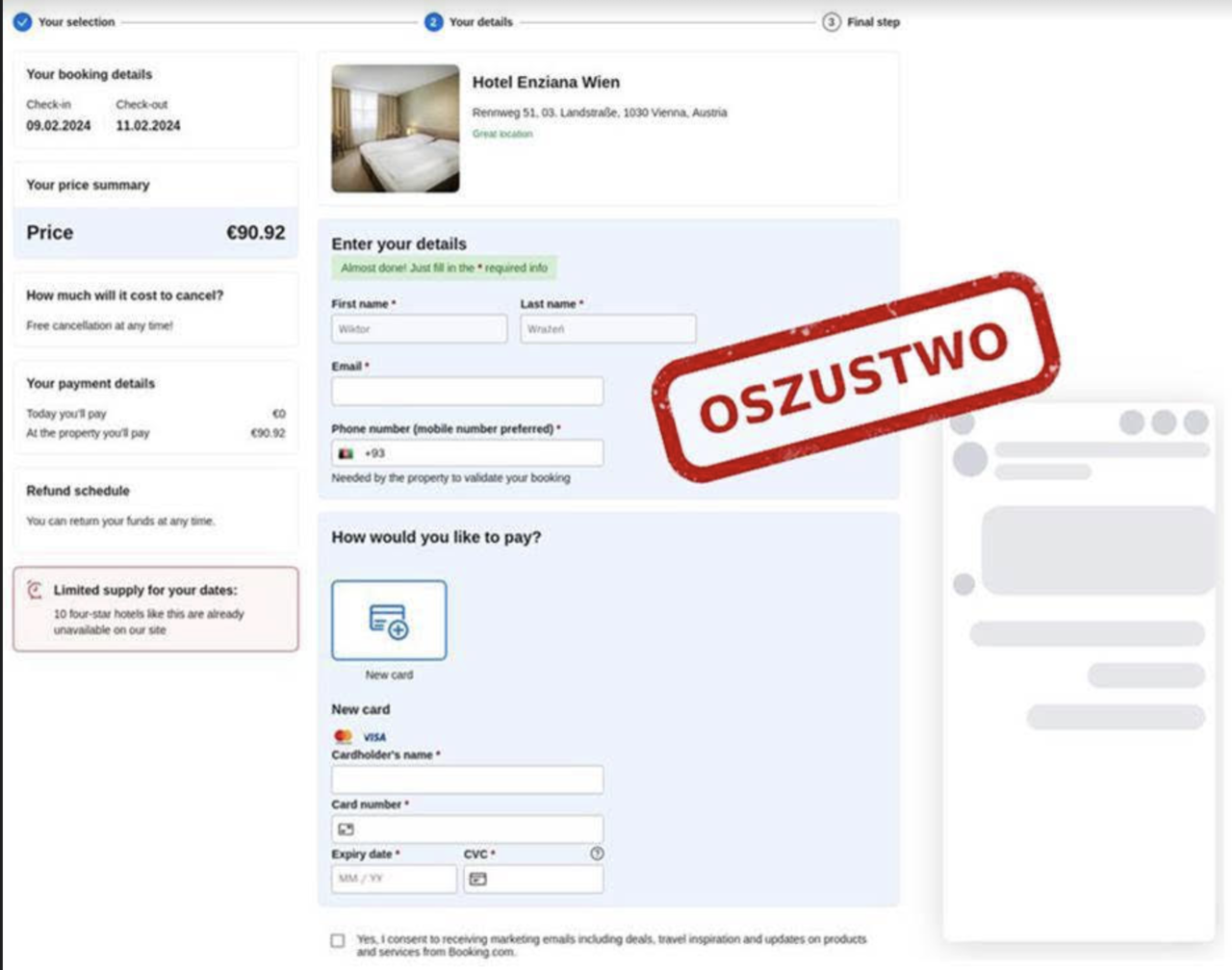 Oszustwo na Booking.com. Zrzut ekranu strony rezerwacyjnej hotelu z formularzem wprowadzania danych osobowych i płatności, na którym umieszczono czerwoną pieczęć z napisem "OSZUSTWO".