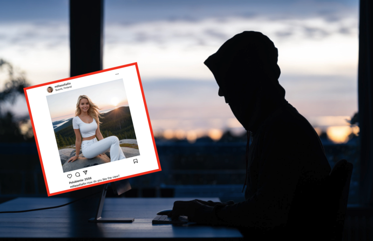 Osoba w kapturze siedzi przy biurku i patrzy na monitor komputera, na którym wyświetlony jest obraz z media społecznościowego, przedstawiający uśmiechniętą dziewczynę siedzącą na skale w górach podczas zachodu słońca.
