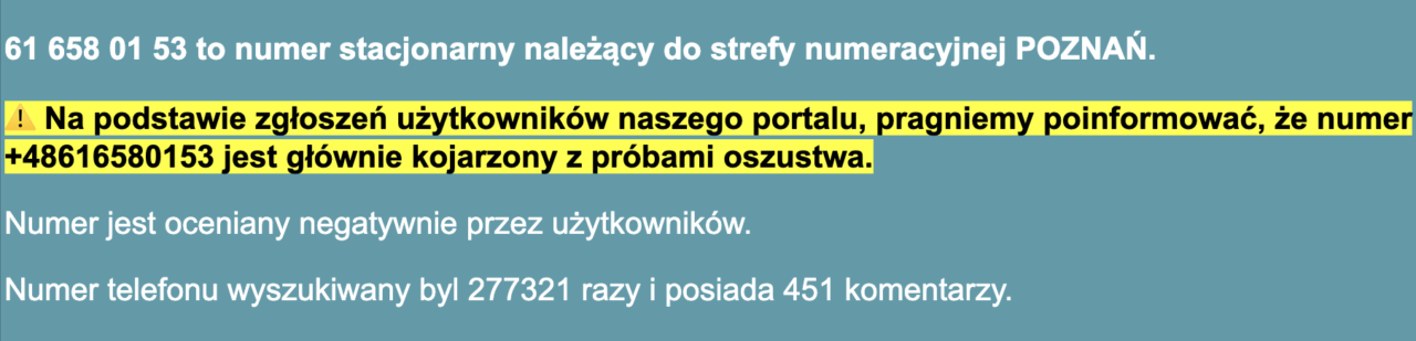 Zrzut ekranu ze strony internetowej informującej, że numer telefonu stacjonarnego 61 658 01 53 z Poznania jest negatywnie oceniany przez użytkowników i kojarzony z próbami oszustwa.