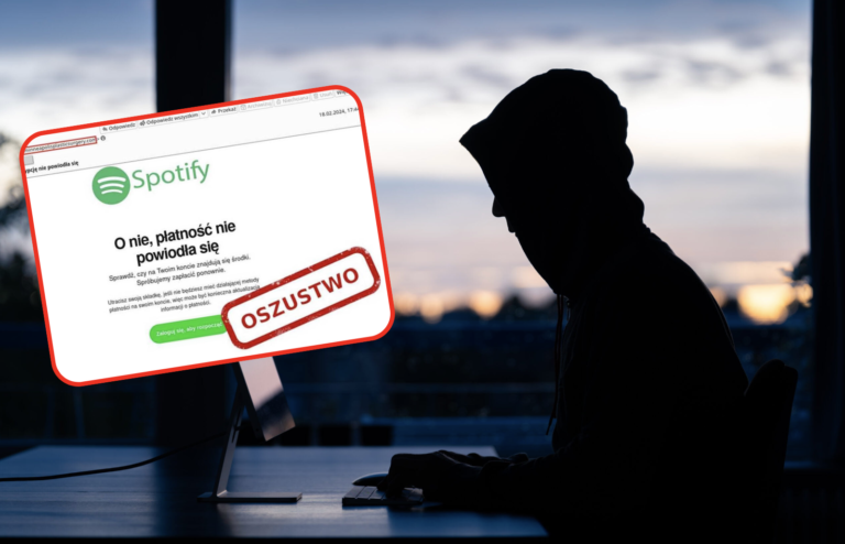 Zarys osoby w kapturze pracującej przy komputerze, na ekranie widoczna fałszywa strona Spotify z komunikatem o błędzie płatności i stemplem "OSZUSTWO".