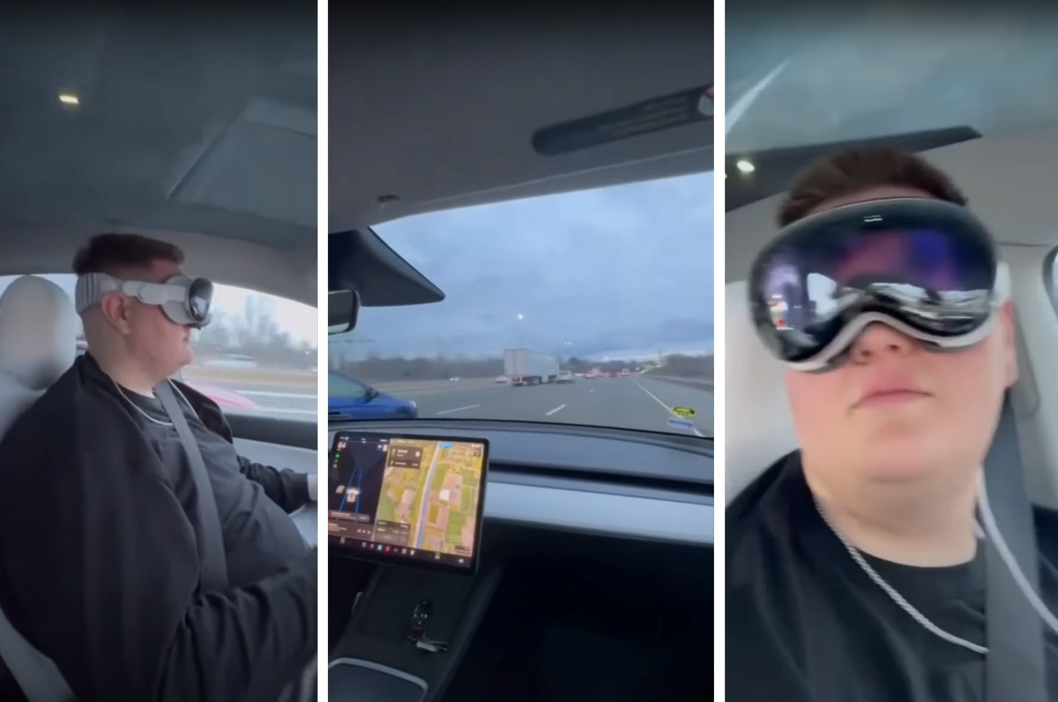 Kolaż trzech zdjęć przedstawiających mężczyznę jadącego samochodem z nakładkami VR na oczach.