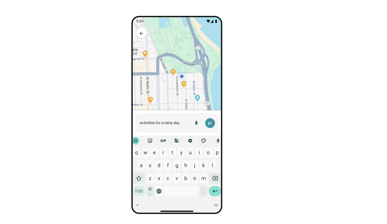 Smartfon z otwartą aplikacją Google Maps z zaznaczonymi punktami zainteresowania i aktywnym polem wyszukiwania z tekstem "activities for a rainy day".