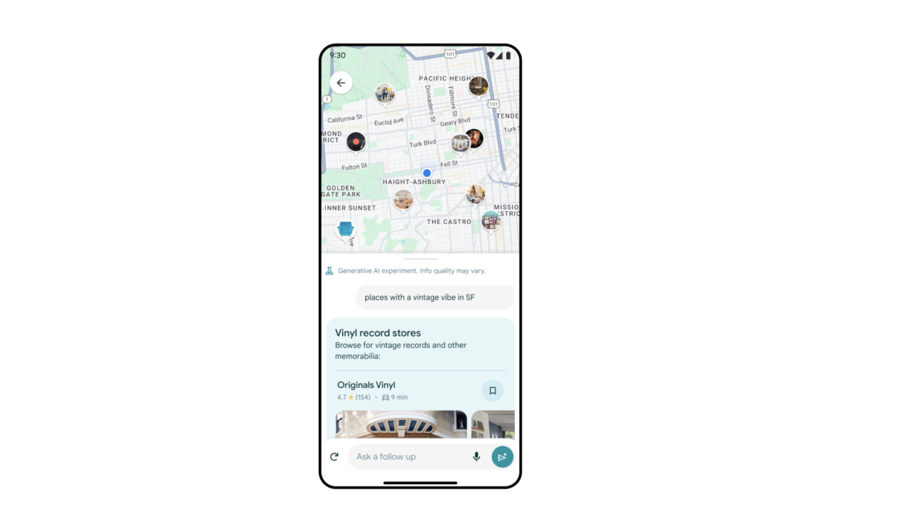Smartfon wyświetlający Google Maps z zaznaczonymi sklepami z płytami winylowymi w San Francisco, wraz z wysuwanym menu zawierającym informacje o sklepie "Originals Vinyl" oraz opcją zadania dodatkowego pytania.