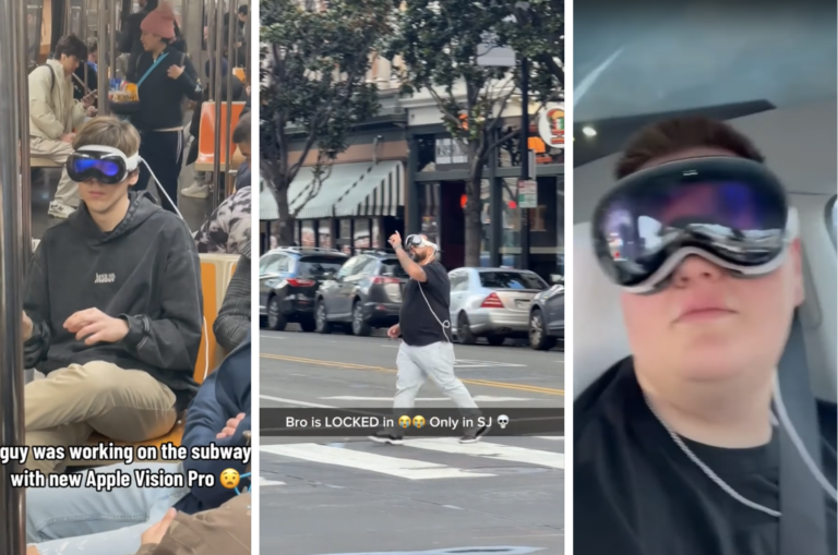 Kolaż trzech zdjęć przedstawiających osoby noszące duże okulary rzeczywistości wirtualnej w różnych miejskich sceneriach: mężczyzna siedzący w metrze, mężczyzna przechodzący przez ulicę i mężczyzna w samochodzie.