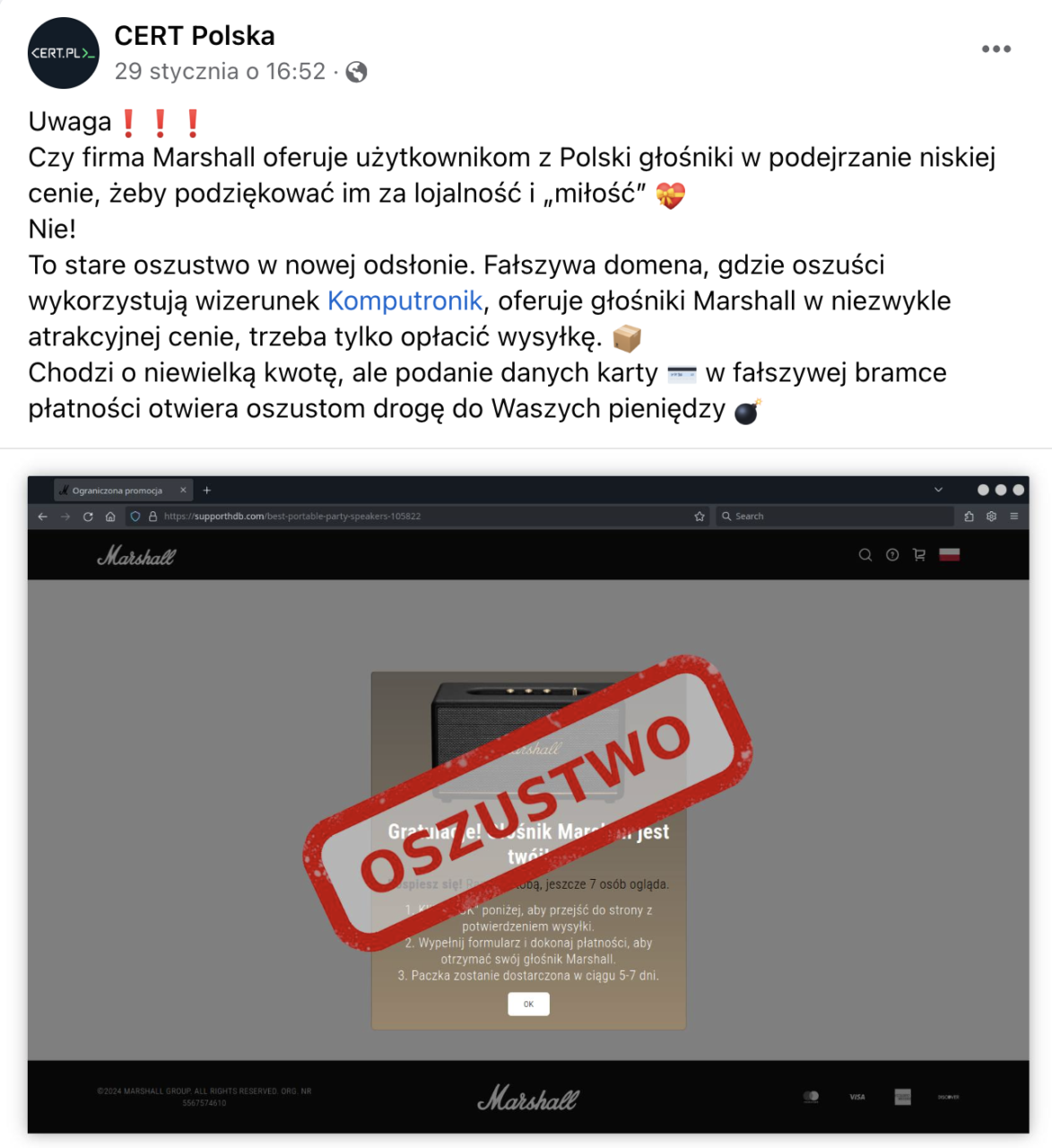 Zrzut ekranu posta na Facebooku od CERT Polska ostrzegającego przed oszustwem związanym z ofertą głośników Marshall, z nałożonym dużym czerwonym stemplem "OSZUSTWO" na zrzut ekranu fałszywej strony promocyjnej.