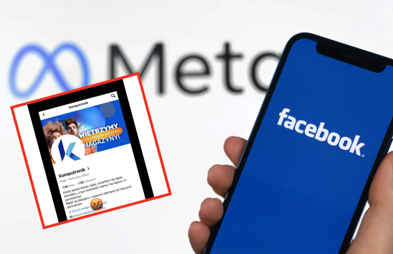 Osoba trzymająca smartfon z ekranem wyświetlającym logo Facebooka, rozmyte tło z częściowo widocznym logo firmy Meta oraz tablet z otwartą stroną sklepu komputerowego na pierwszym planie.