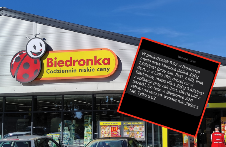 Widok na front sklepu Biedronka z logo w kształcie biedronki oraz napis "Codziennie niskie ceny", w tle niebo; w prawym górnym rogu wmontowany wyskakujący komunikat z informacją o promocji.