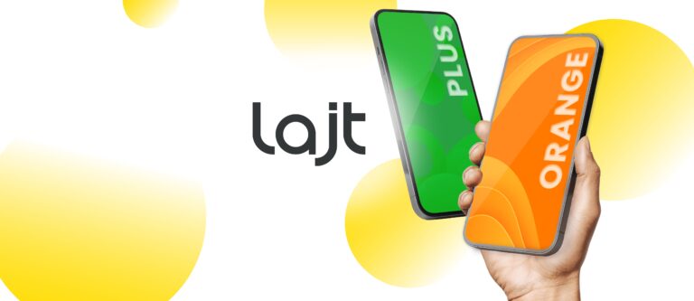 Reklamowy obraz przedstawiający dwie dłonie trzymające smartfony z logotypami "PLUS" i "ORANGE" na ekranach, na tle z żółtymi abstrakcyjnymi kształtami i napisem "lajt" w centralnej dolnej części.