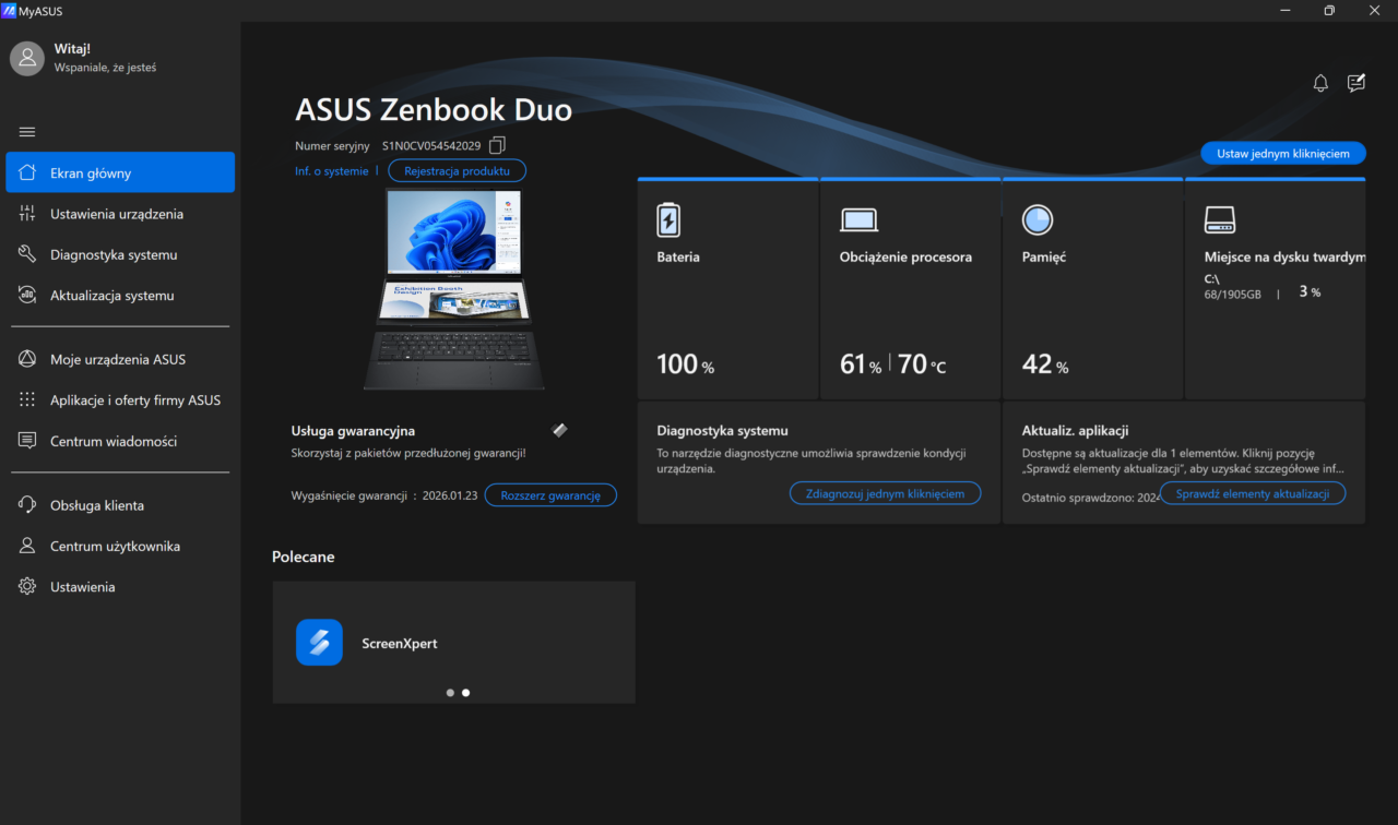 Interfejs programu MyASUS na laptopie ASUS Zenbook Duo z informacjami o systemie, stanem baterii na 100%, obciążeniem procesora 61% i temperaturą 70°C, zużyciem pamięci na 42% oraz dostępną przestrzenią dyskową na dysku C: zapełnioną w 3%.