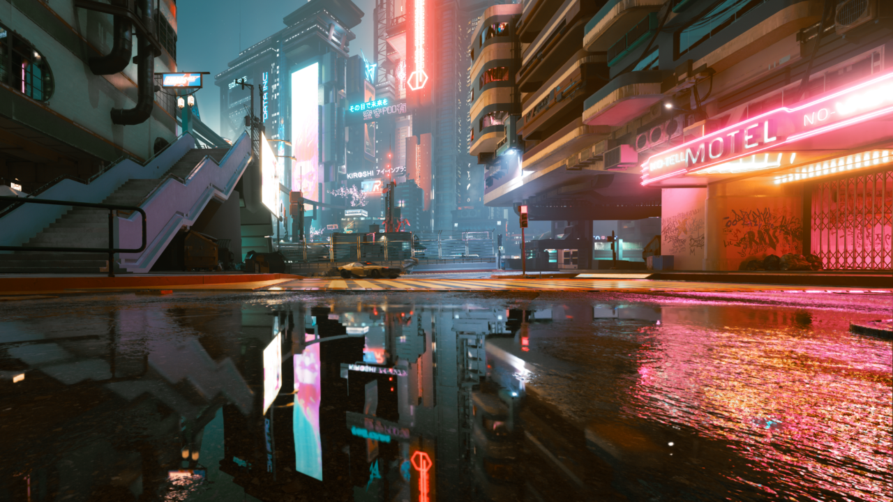 Cyberpunk 2077 Orion - uma cidade à noite com anúncios em neon e reflexos em poças após a chuva.