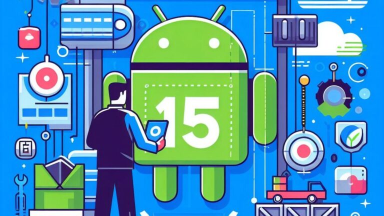 Kolorowa ilustracja przedstawiająca postać programisty z tabletem w ręce patrzącego na dużą figurę Androida z numerem 15, otoczonego ikonami technologicznymi i narzędziami programistycznymi na niebieskim tle.