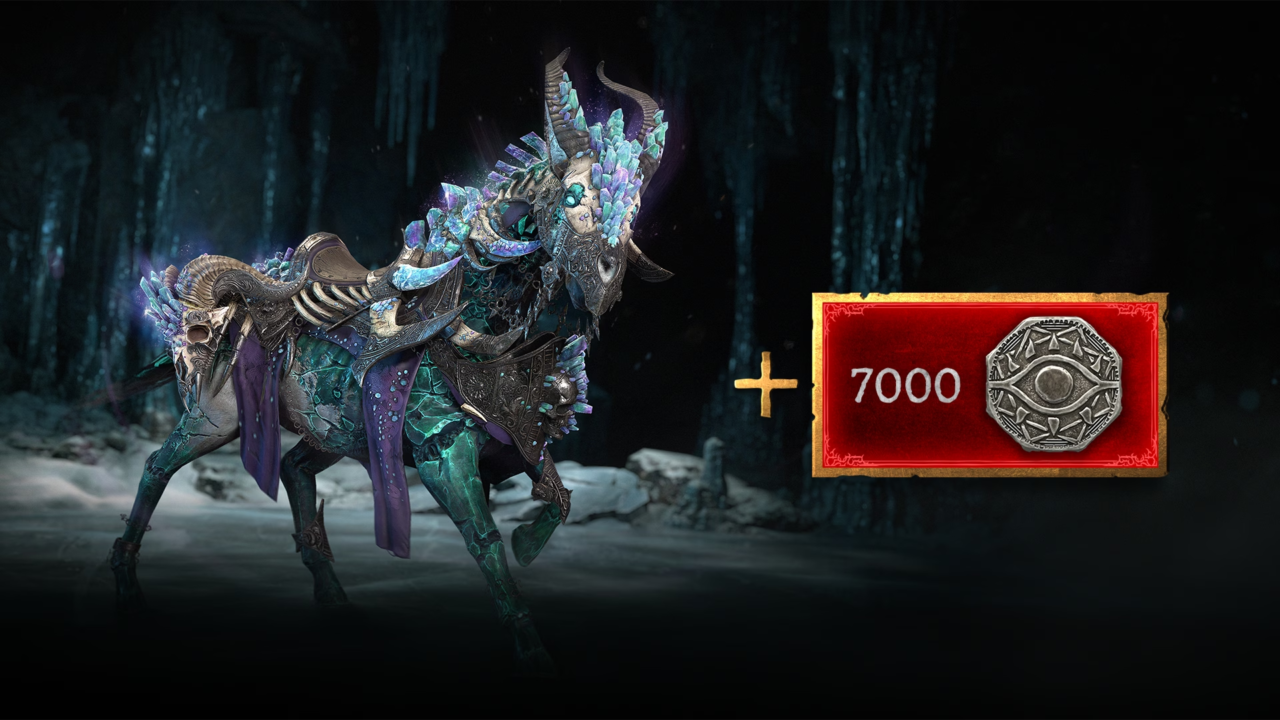 Fantastyczna postać w zbroi, przypominająca rycerza na zielono-niebieskim koniu, w tle ciemna jaskinia, po prawej stronie czerwona karta z numerem 7000 i srebrną monetą.