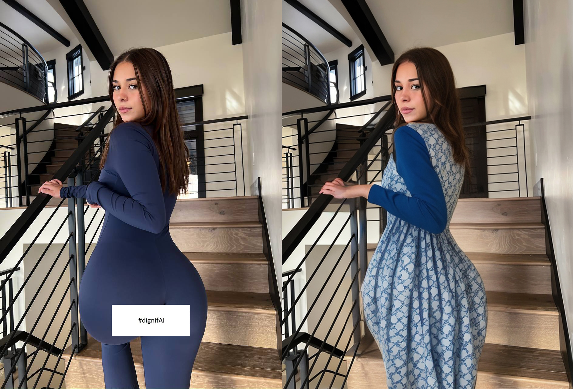 Dwa obrazy przedstawiające kobietę w dwóch różnych sukienkach stojącą na drewnianych schodach w domu, z jednym zdjęciem ukazującym ją w granatowej obcisłej sukience, a drugim w tej samej pozycji w sukience z niebieskimi kwiatowymi wzorami, które wizualnie zmieniają jej sylwetkę, z pomocą narzędzia DignifAI.