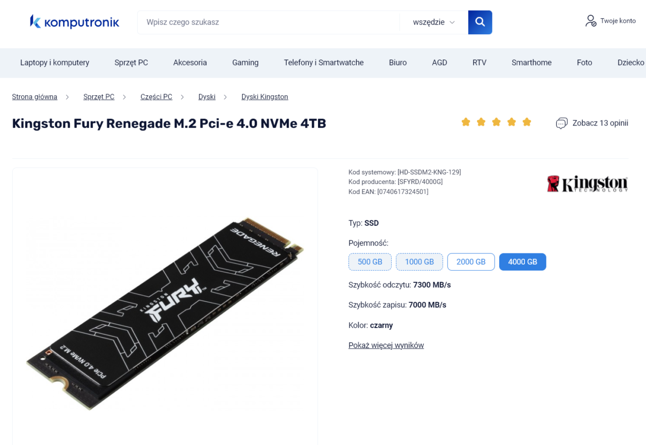 Alt tekst: Dysk SSD marki Kingston Fury Renegade M.2 PCIe 4.0 NVMe o pojemności 4 TB, pokazany na tle białej przestrzeni na stronie sklepu Komputronik.