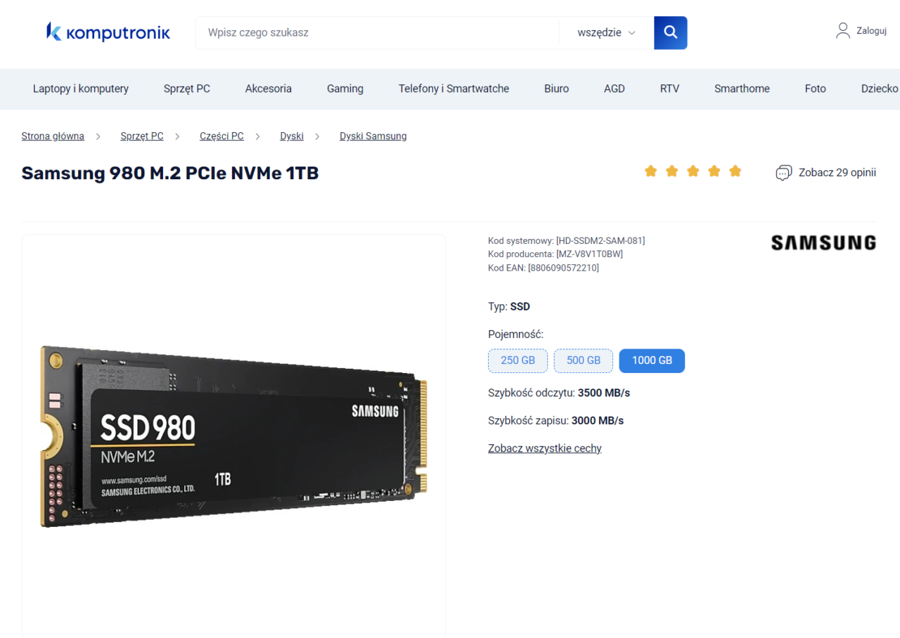 Dysk SSD marki Samsung model 980 M.2 PCIe NVMe o pojemności 1TB na stronie internetowej sklepu Komputronik.