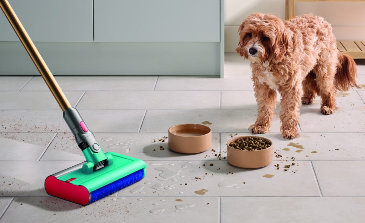 Pies rasy cockapoo obok przewróconych misek z pokarmem i wodą na podłodze, obok mopa.