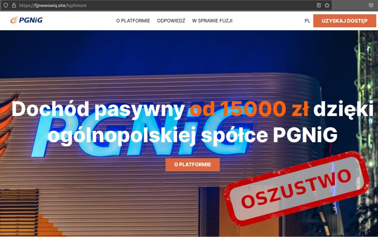 Przykład reklamujący fałszywe inwestycje w sieci. Zrzut ekranu strony internetowej z reklamą oferującą dochód pasywny i logo PGNiG, na którym widnieje również naklejka z napisem "OSZUSTWO" nałożona na treść reklamy.