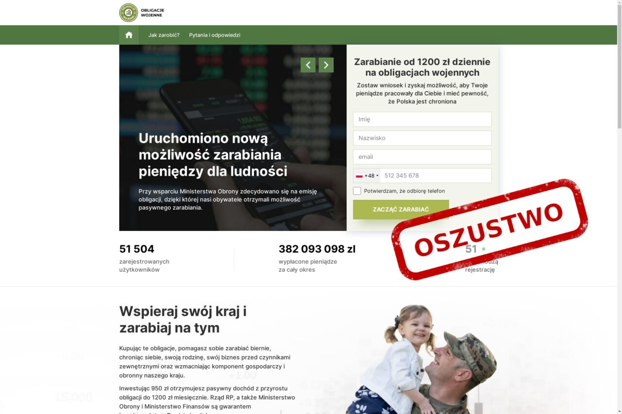 Zrzut ekranu fałszywej strony internetowej promującej zarabianie pieniędzy na obligacjach wojskowych z czerwonym stemplem "OSZUSTWO" na pierwszym planie i wizerunkiem szczęśliwego żołnierza unoszącego małą dziewczynkę na tle tekstu i formularza rejestracyjnego.