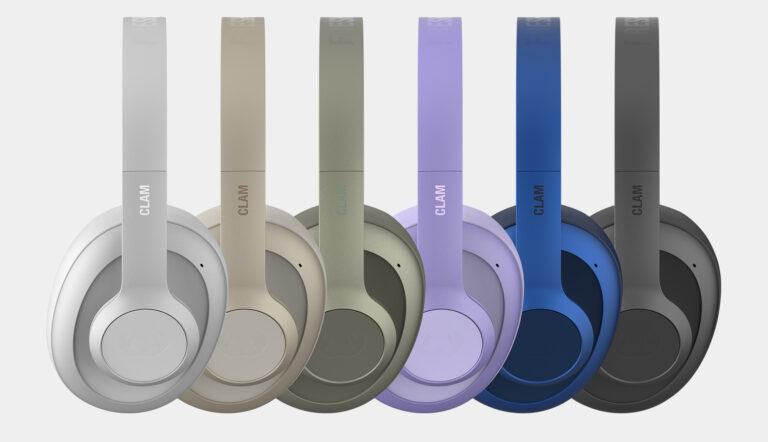 Kolekcja bezprzewodowych słuchawek nausznych w różnych kolorach ułożonych w rząd.