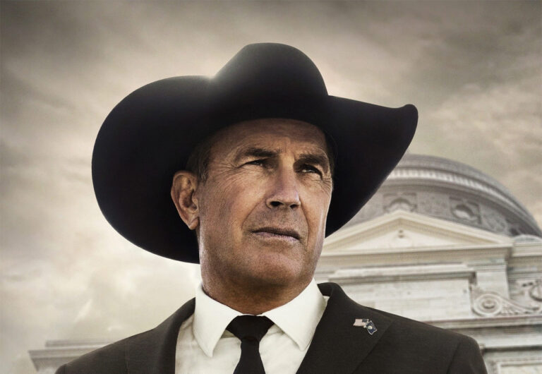 Kevin Costner w czarnym kowbojskim kapeluszu w swojej roli z serialu Yellowstone.