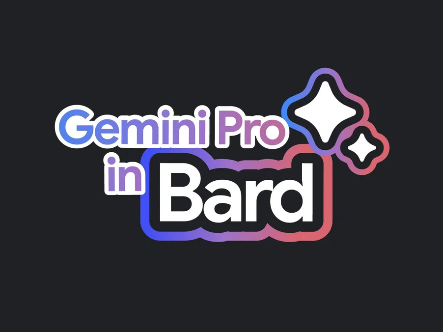 Grafika przedstawiająca kolorowy napis "Gemini Pro in Bard" na czarnym tle, z dekoracyjnymi gwiazdkami i obrysowane teksturą przypominającą neon.