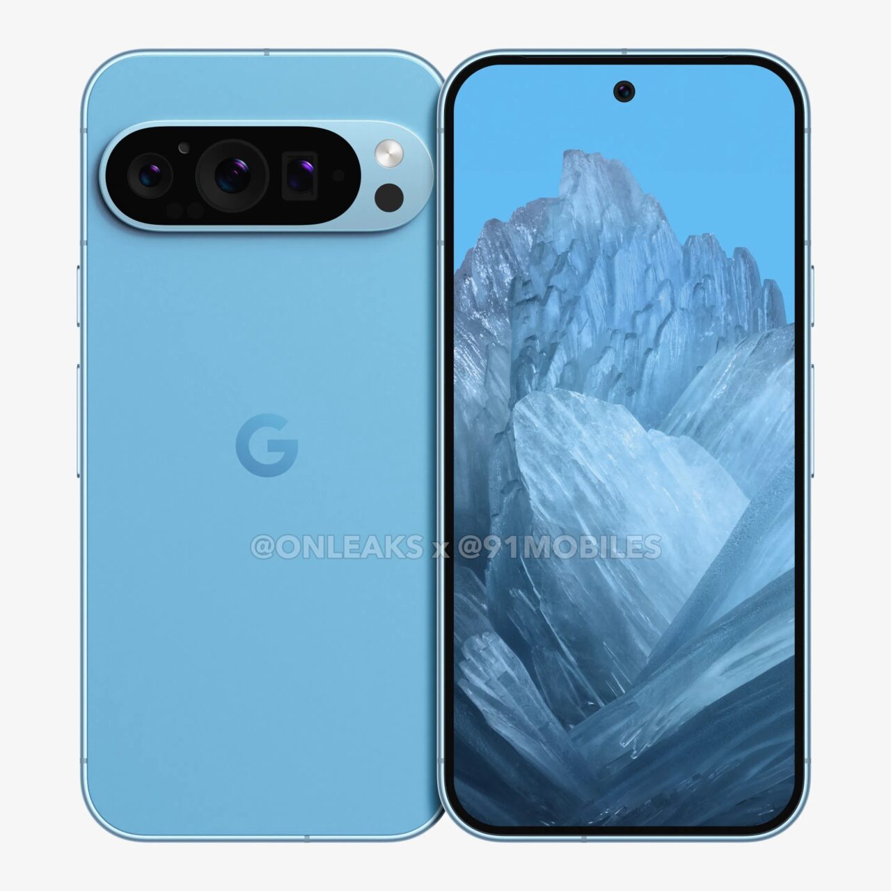 Niebieski smartphone z potrójnym aparatem i przodu z ekranem wyświetlającym lodowe bryły.