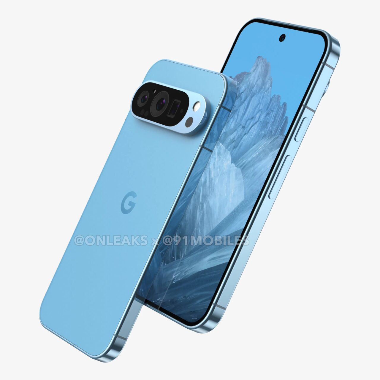 Inteligentny telefon w kolorze niebieskim z potrójnym aparatem z tyłu i ekranem z widoczną górską tapetą.