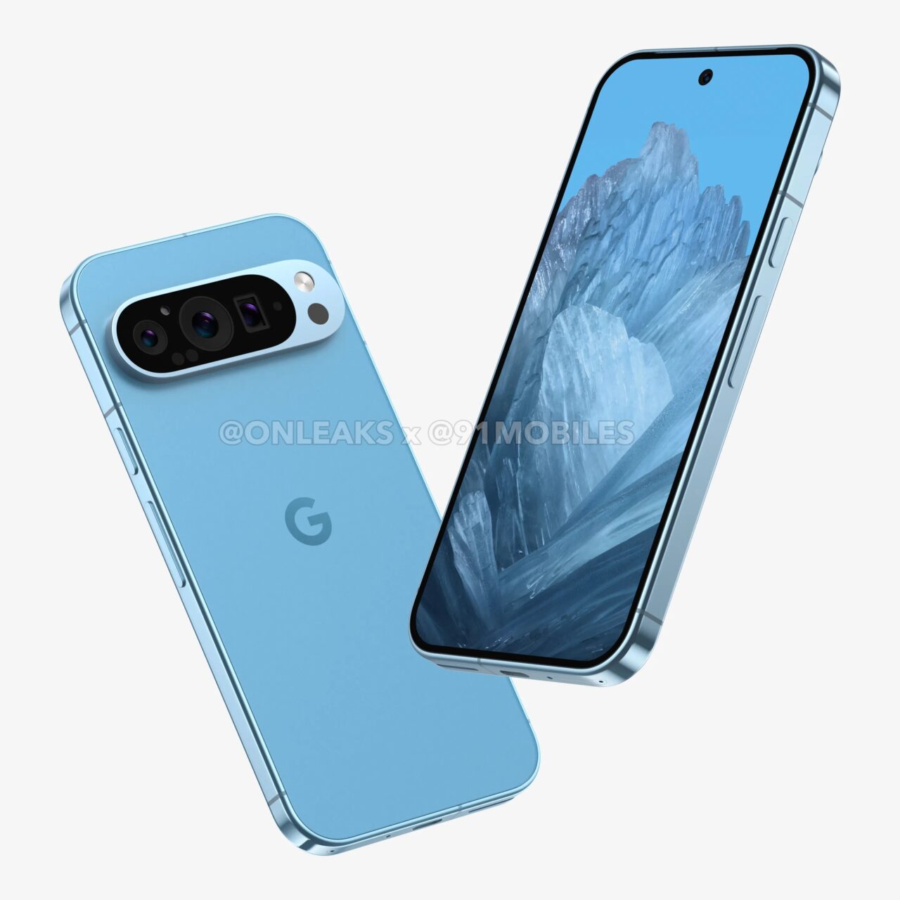 Niebieski smartfon z potrójnym aparatem z tyłu i logo Google, umieszczony na białym tle obok swojego odbicia z włączonym ekranem wyświetlającym grafikę gór.