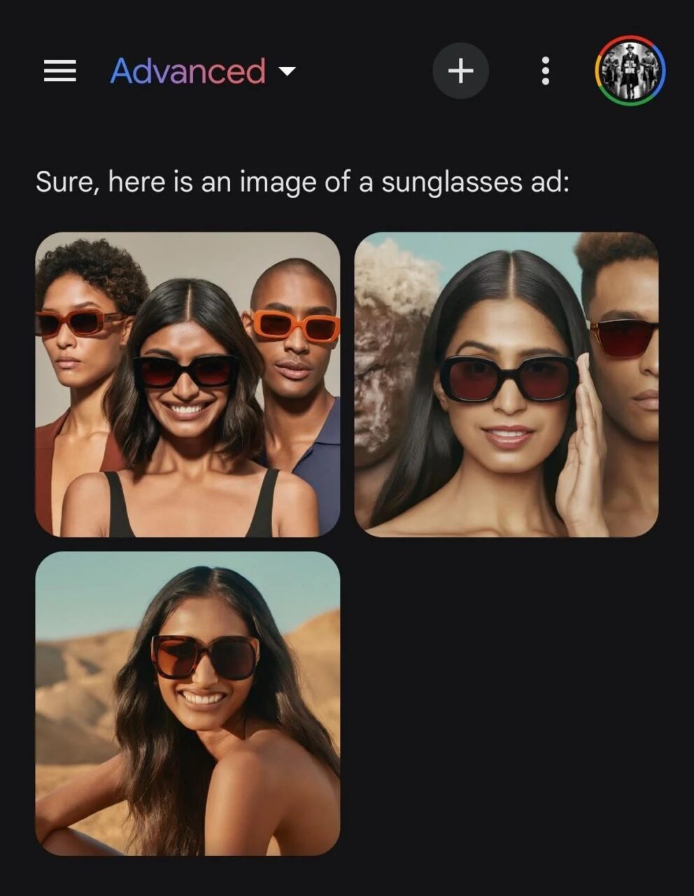 Reklama okularów przeciwsłonecznych z czterema osobami na górnym zdjęciu i uśmiechniętą kobietą w okularach przeciwsłonecznych na dolnym zdjęciu.