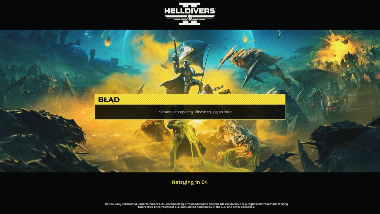 Zrzut ekranu z gry "Helldivers 2" pokazujący postać wojownika stojącego na tle futurystycznego pola bitwy z nadchodzącymi wrogami, nad ostrzeżeniem "Serwery są pełne. Spróbuj ponownie później." i odliczaniem "Ponowne próbowanie za 04".