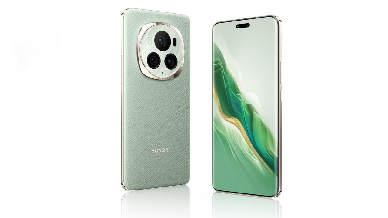 Smartfon Honor Magic6 Pro 5G w zielonym kolorze z tyłem imitującym skórę i okrągłym modułem aparatu oraz widokiem na przedni ekran z zaokrąglonymi rogami, bez przycisków.