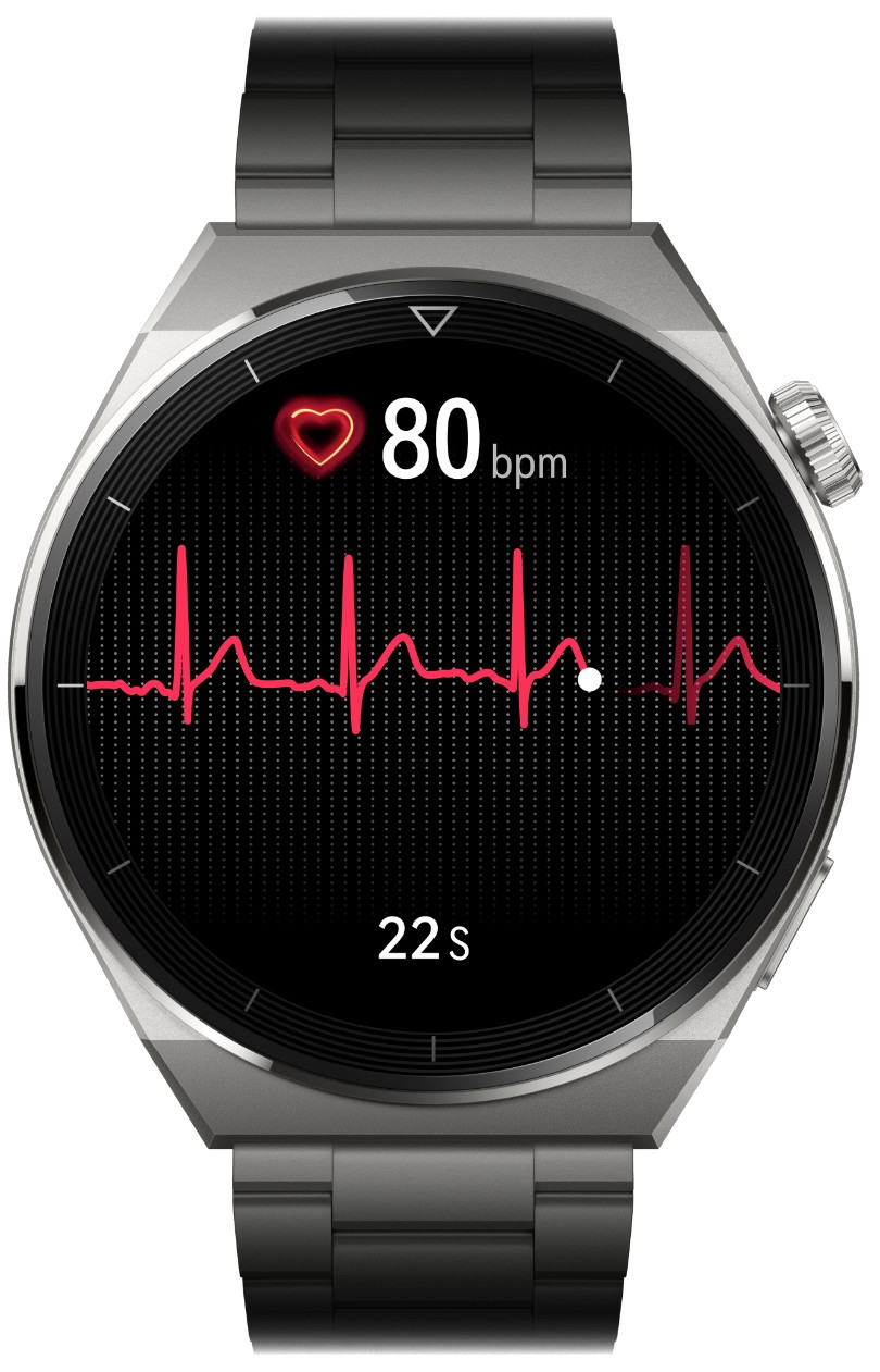 Inteligentny zegarek z ekranem wyświetlającym puls serca na poziomie 80 uderzeń na minutę oraz elektrokardiogramem (EKG) w tle, na dolnej krawędzi zegarka widnieje oznaczenie czasu trwania pomiaru - 22 sekundy.
