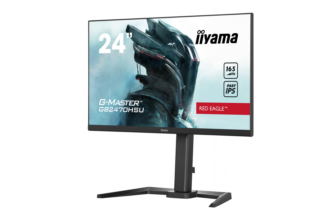 Monitor gamingowy iiyama 24 cale, seria G-Master Red Eagle, z oznaczeniami 165 Hz i fast IPS na reklamie wyświetlanej na ekranie.