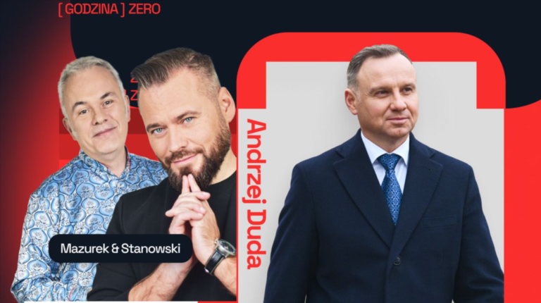 Grafika promocyjna z dwoma mężczyznami po lewej stronie, nazwami Mazurek & Stanowski i tekstem "Andrzej Duda" na czerwonym tle z symbolem odpowiedzi oraz portret mężczyzny w garniturze po prawej stronie.