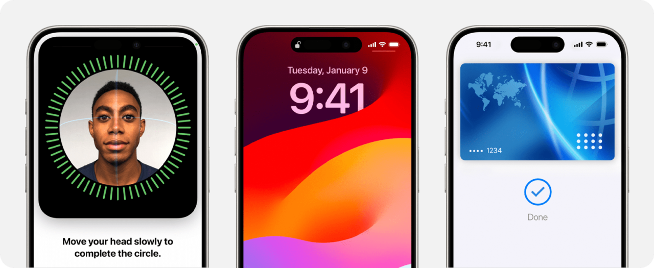 apple i ios 18 - smartfony, które dostaną aktualizację. Trzy smartfony iPhone wyświetlające różne ekrany; po lewej ekran konfiguracji rozpoznawania twarzy z podpisem "Move your head slowly to complete the circle", w środku ekran blokady z godziną 9:41 i kolorowym tłem, po prawej ekran z wizualizacją świata i przyciskiem "Done".
