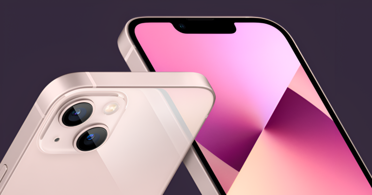 Dwa nowoczesne smartfony iPhone 13 w kolorze złotym, jeden przodem, a drugi tyłem, z potrójnym aparatem, na tle o gradientowych barwach różu i fioletu.