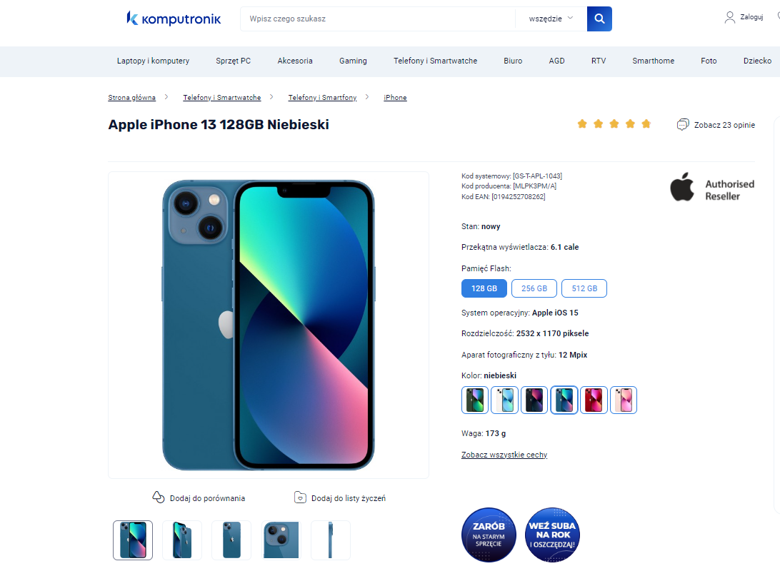 Strona internetowa sklepu Komputronik z widokiem na stronę produktu Cena iPhone 13 128GB w kolorze niebieskim, zawierającą zdjęcie telefonu i specyfikację techniczną.