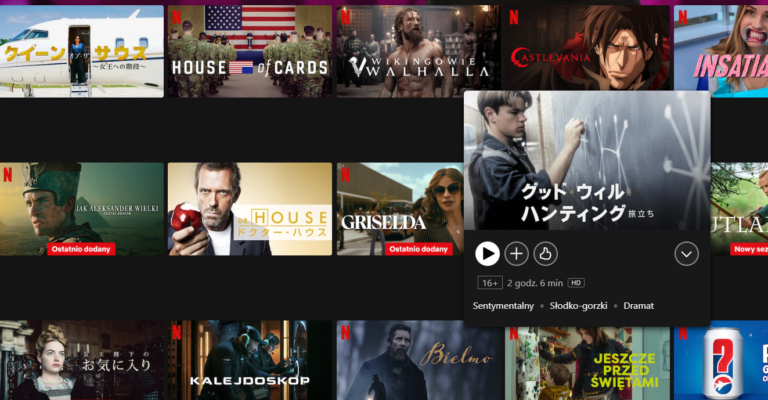 Zrzut ekranu interfejsu użytkownika platformy japoński Netflix z miniaturami seriali i filmów, w tym "House of Cards", "Vikings: Valhalla", "Castlevania", z opcjami sterowania odtwarzaniem w dolnej części ekranu.